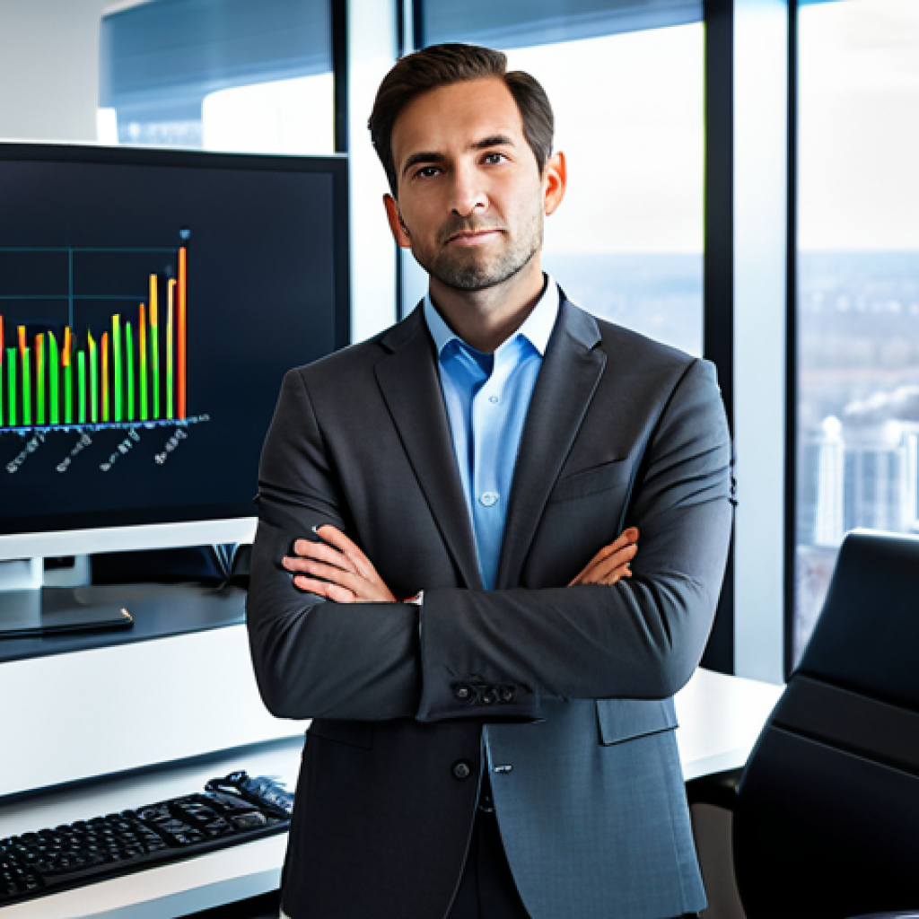 A professional male trader, mid-30s, clean-shaven, wearing a sharp, modest charcoal grey business suit and a light blue dress shirt, fully clothed. He stands confidently in front of multiple large, glowing computer monitors, his hands clasped loosely in front of him. His gaze is focused intently on a screen displaying abstract, dynamic data visualizations that subtly imply market fluctuations, with a clear, professional trend line indicating a downward movement. The setting is a sleek, modern financial trading office with floor-to-ceiling windows offering a blurred, professional cityscape view. The office is well-lit, emphasizing a sophisticated atmosphere. perfect anatomy, correct proportions, natural pose, well-formed hands, proper finger count, natural body proportions, professional photography, cinematic lighting, high resolution, ultra-realistic, safe for work, appropriate content, professional, modest clothing.