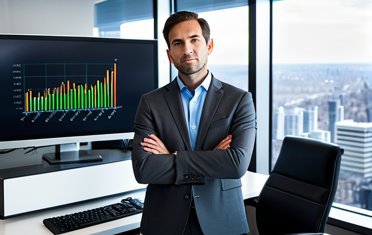 A professional male trader, mid-30s, clean-shaven, wearing a sharp, modest charcoal grey business suit and a light blue dress shirt, fully clothed. He stands confidently in front of multiple large, glowing computer monitors, his hands clasped loosely in front of him. His gaze is focused intently on a screen displaying abstract, dynamic data visualizations that subtly imply market fluctuations, with a clear, professional trend line indicating a downward movement. The setting is a sleek, modern financial trading office with floor-to-ceiling windows offering a blurred, professional cityscape view. The office is well-lit, emphasizing a sophisticated atmosphere. perfect anatomy, correct proportions, natural pose, well-formed hands, proper finger count, natural body proportions, professional photography, cinematic lighting, high resolution, ultra-realistic, safe for work, appropriate content, professional, modest clothing.