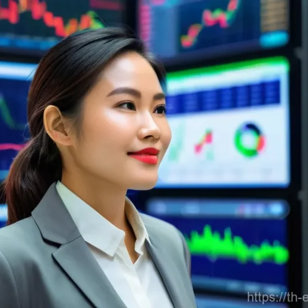 주식 투자에서의 파생상품 소개 - A determined Thai woman in her early 30s, dressed in a sharp business casual outfit, stands confiden...