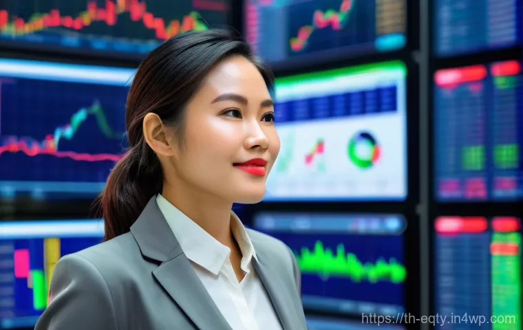 주식 투자에서의 파생상품 소개 - A determined Thai woman in her early 30s, dressed in a sharp business casual outfit, stands confiden...