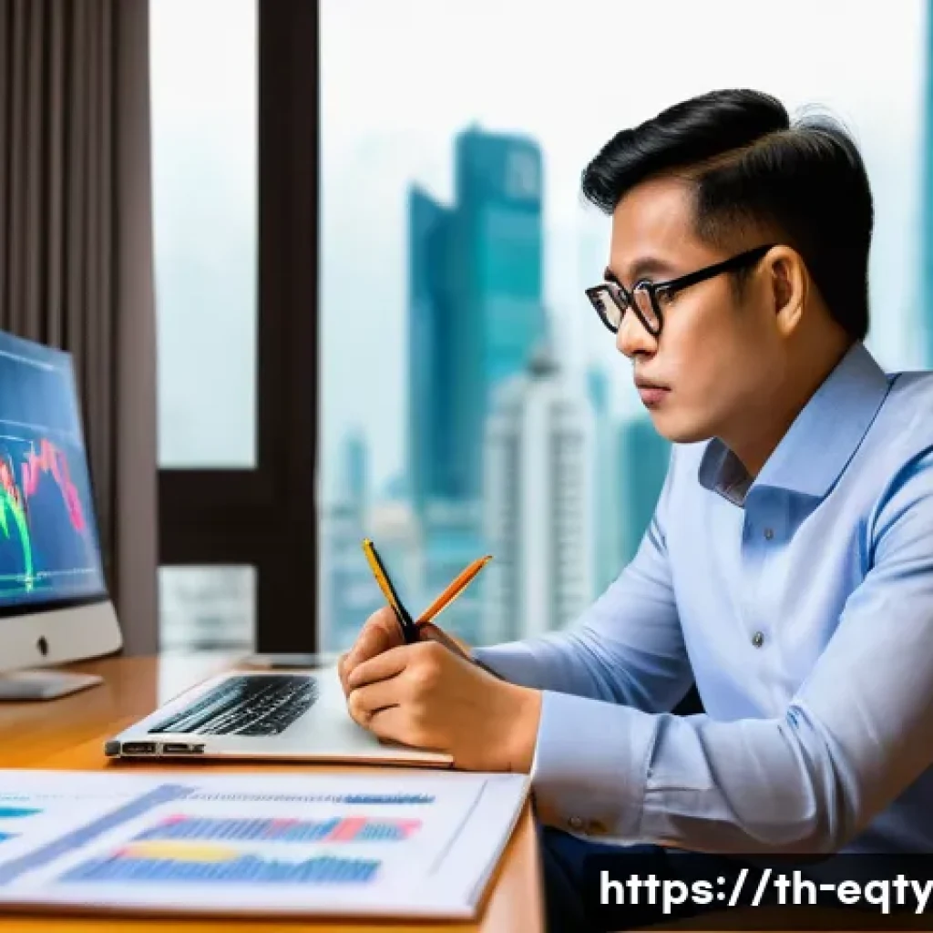 주식 투자에서의 사고의 틀 바꾸기 - A thoughtful Thai investor sitting at a modern desk in a cozy home office, surrounded by multiple co...