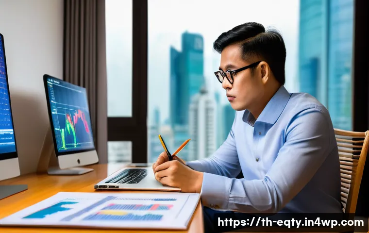 주식 투자에서의 사고의 틀 바꾸기 - A thoughtful Thai investor sitting at a modern desk in a cozy home office, surrounded by multiple co...