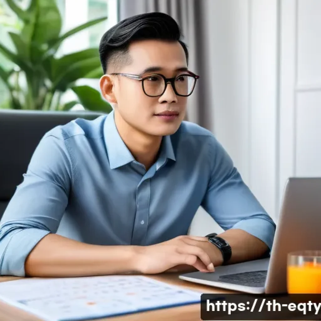 주식 투자 시 초보자들이 자주 묻는 질문 - A modern Thai investor sitting at a wooden desk in a bright home office, focused on a laptop screen ...