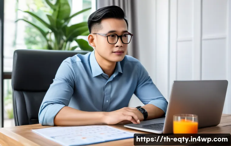 주식 투자 시 초보자들이 자주 묻는 질문 - A modern Thai investor sitting at a wooden desk in a bright home office, focused on a laptop screen ...