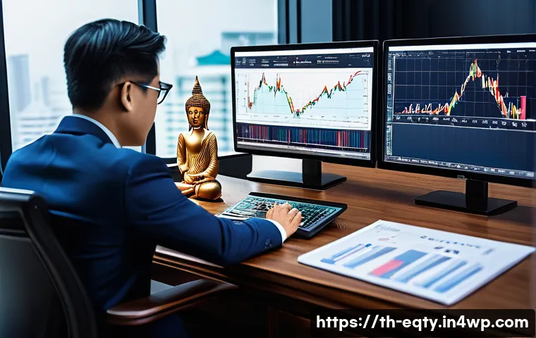 주식 투자와 재무제표 분석 - A detailed, professional office scene featuring a diverse group of Thai investors analyzing financia...