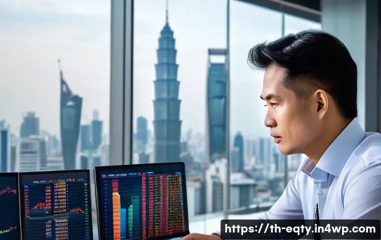 주식 투자에서의 실수 사례 분석 - A professional Thai investor in a modern office setting, analyzing stock charts on multiple computer...