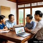 Home 19 투자 목표 설정하기 - A modern Thai family sitting around a dining table in a cozy home, discussing financial goals with v...