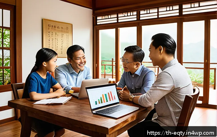 투자 목표 설정하기 - A modern Thai family sitting around a dining table in a cozy home, discussing financial goals with v...