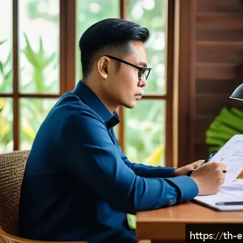 Home 30 주식 투자에서의 감정 관리 방법 - A calm Thai investor sitting at a wooden desk in a cozy home office, thoughtfully analyzing financia...