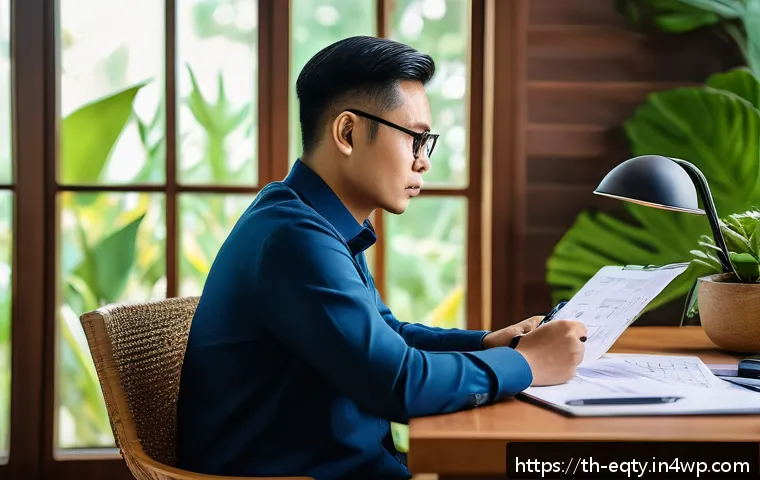 주식 투자에서의 감정 관리 방법 - A calm Thai investor sitting at a wooden desk in a cozy home office, thoughtfully analyzing financia...