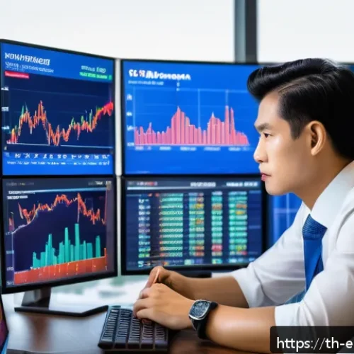 Home 17 주식 투자에서의 장기와 단기 전략 통합 - A professional Thai investor analyzing stock market data on multiple digital screens in a modern hom...