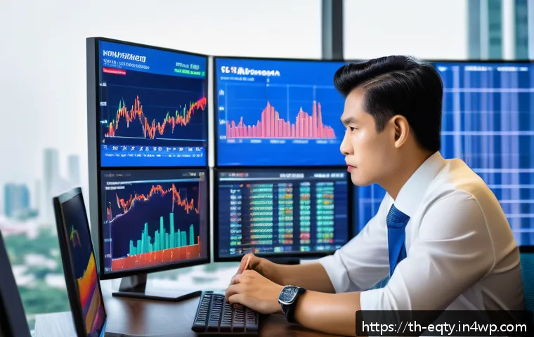 주식 투자에서의 장기와 단기 전략 통합 - A professional Thai investor analyzing stock market data on multiple digital screens in a modern hom...