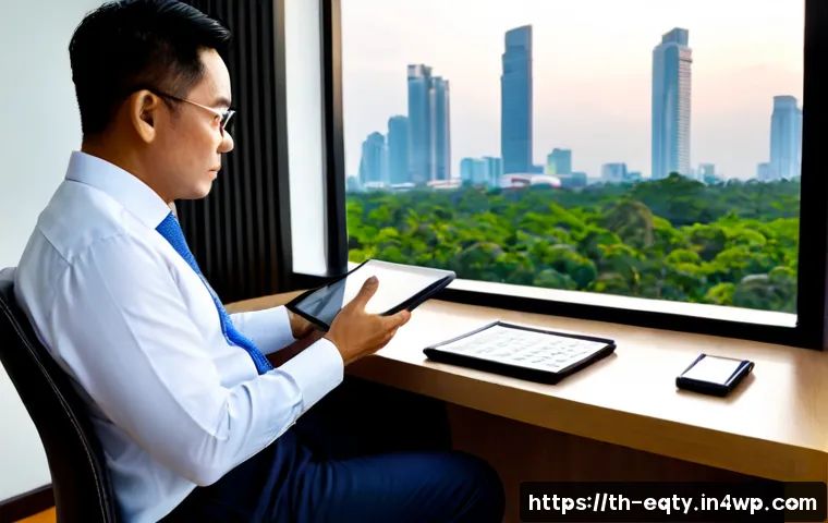 Home 17 주식 시장의 변화에 따른 투자 전략 수정 - Photorealistic Thai investor in a neat modern Bangkok apartment, calmly reviewing a diversified inve...