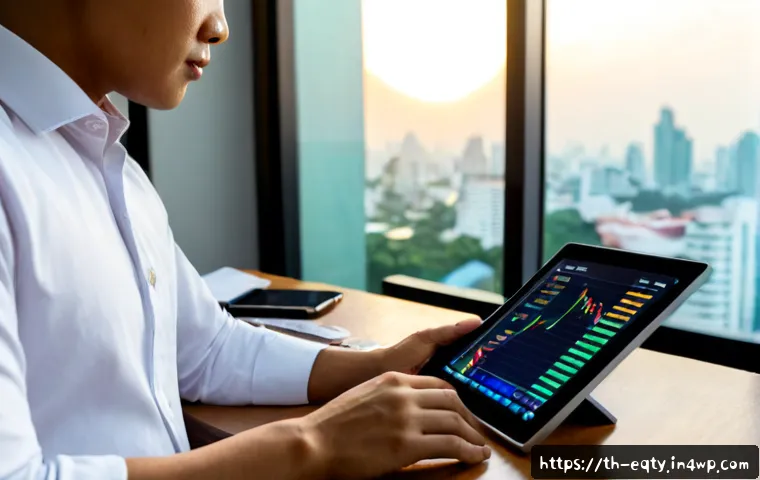 Home 29 주식 시장의 기술 혁신과 투자 기회 - Photorealistic modern investment workspace in Bangkok, Thailand, an Asian Thai investor studying a c...